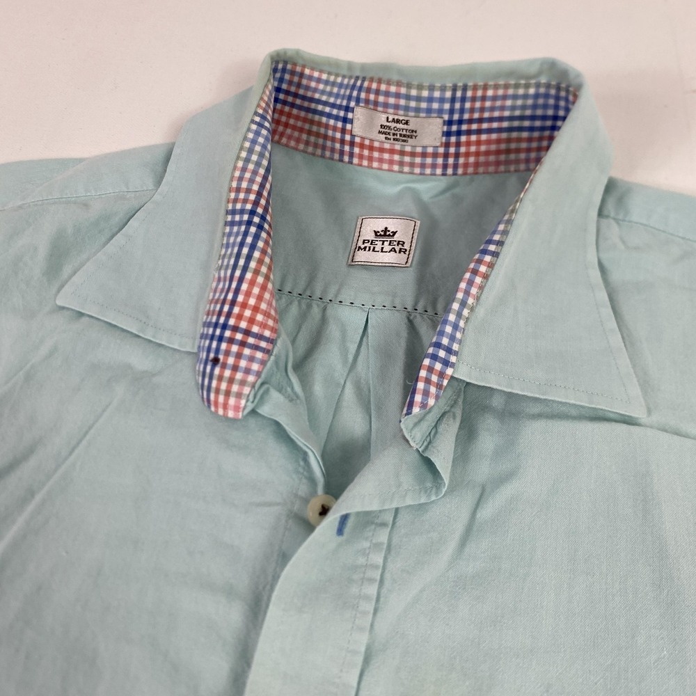 Peter Millar Shirt Mens Large Green Cotton Short Sleeve Button Front Regular Fit